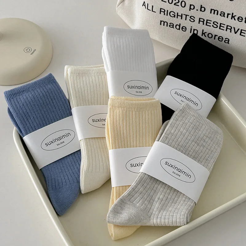 5 Pairs 2026 White Solid-colored Mid-calf Socks Casual Girl School Socks Adult Cozy Knit Socks High Quality Wholesale Hosiery