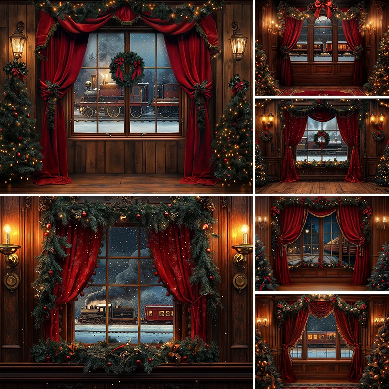 

LS Photography Background Christmas Tree Wreath Window Room Decoration Backdrop Family Xmas Holiday Portrait Studio Props