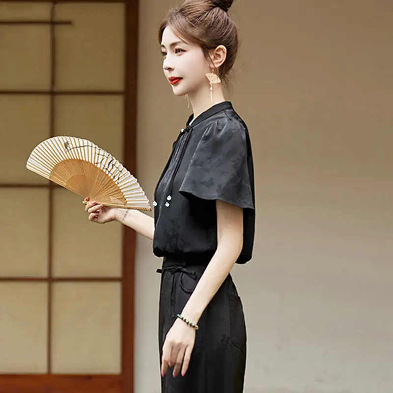 Nowa koszula damska w stylu chińskim zapinana na guziki, żakardowa, letnia, nowa, elegancka, luksusowa bluzka.