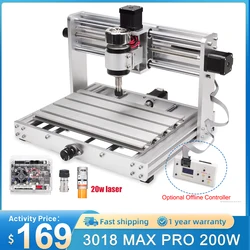 Grabador láser CNC 3018 Max con ER11, husillo de 200W, 20W, máquina de grabado de Metal acrílico PCB, corte de tallado, enrutador de madera de 3 ejes