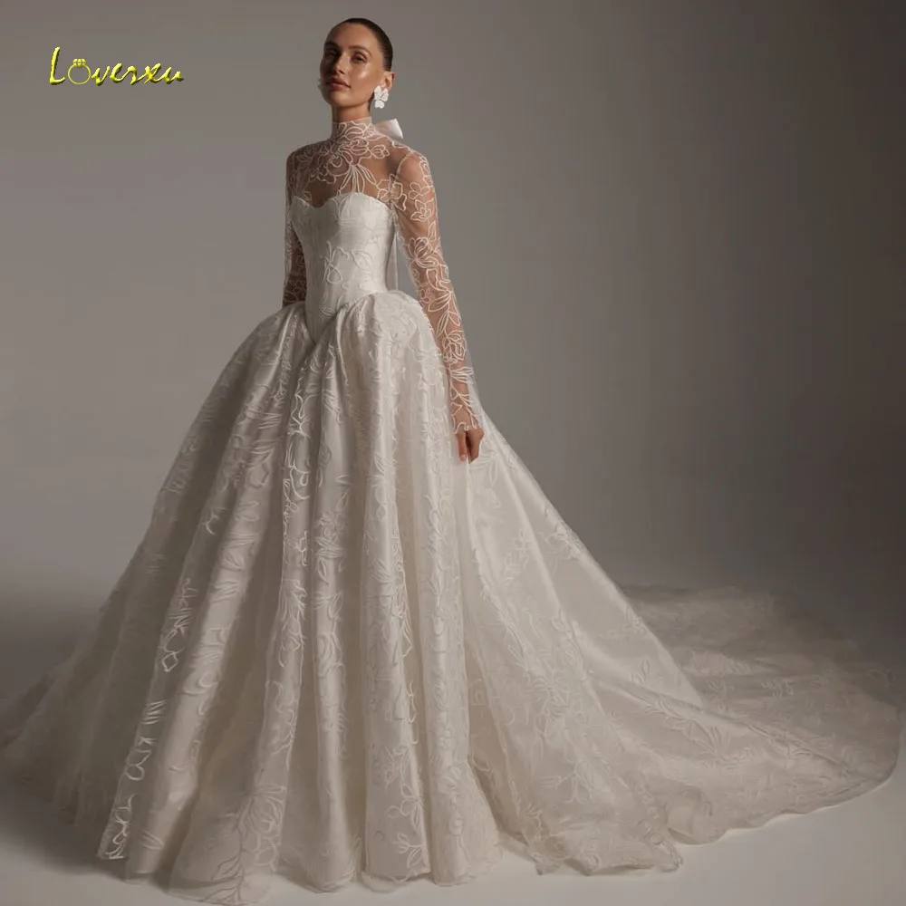 Loverxu A-Line Wedding Dresses High Neck Long Sleeve Vestido De Novia Lace Embroidery Bow Delicate Custom Made Bridal Gown