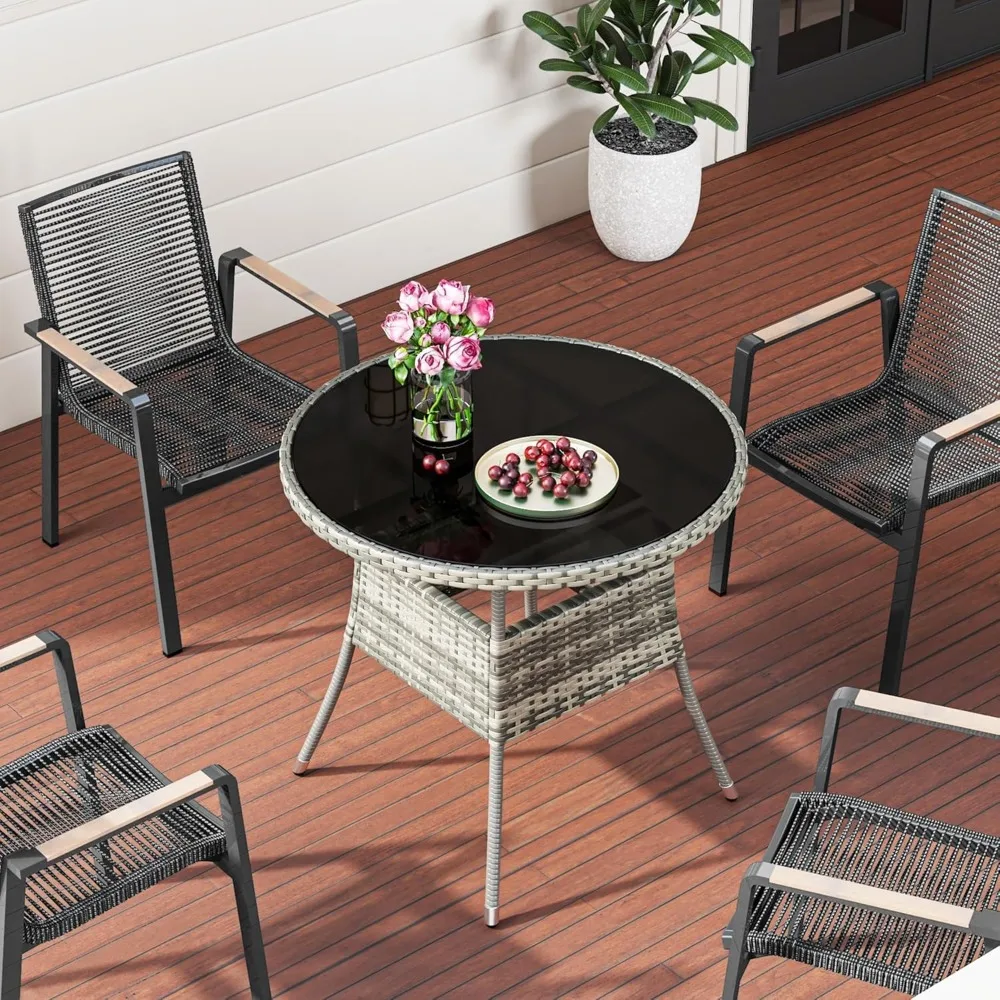 

31.5" Patio Table for 4-Person, Outdoor Patio Wicker Round Dining Table, All-Weather Rattan Bistro Dining Table w/Glass Tableto