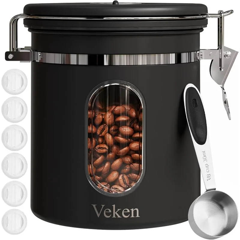 

Veken Coffee Canister with Window,Airtight Stainless Steel Kitchen Food Storage Container, Date Tracker & Scoop for Grounds Coff