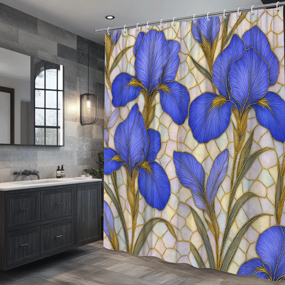 

Stained Glass Blue Iris Flower Shower Curtain Machine Washable All Season Waterproof Privacy Protection Simple Installation