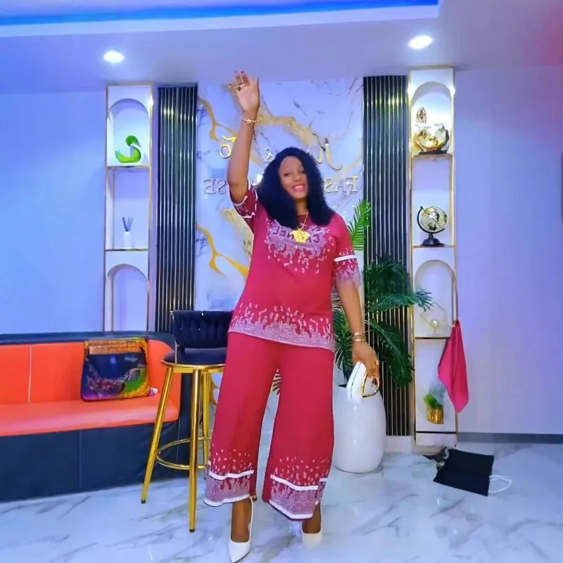 

Комплект из двух предметов с короткими рукавами и украшением в африканском стиле, женский комплект больших размеров из хлопка с бриллиантами, летняя модная осенняя сезонная одежда