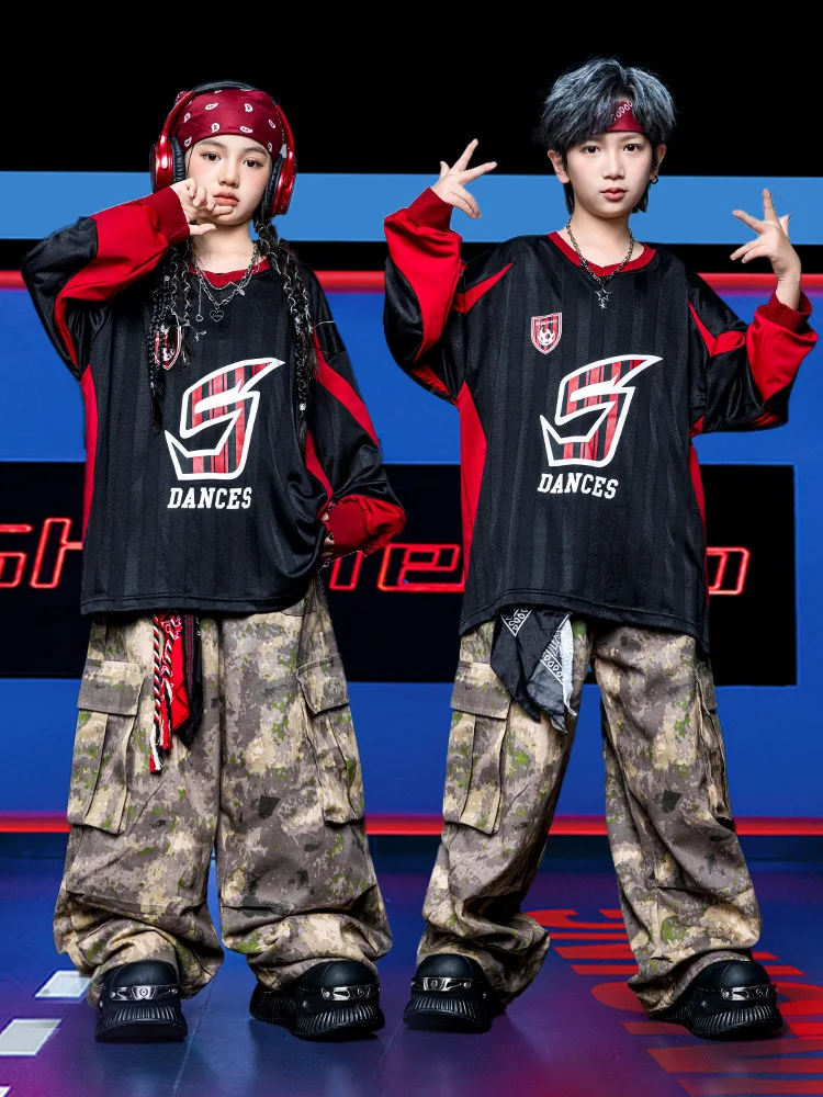 

Детская одежда в стиле хип-хоп Kpop, черный трикотаж, толстовка, камуфляжные повседневные брюки-карго с парашютом для девочек и мальчиков, костюм для уличных танцев, одежда