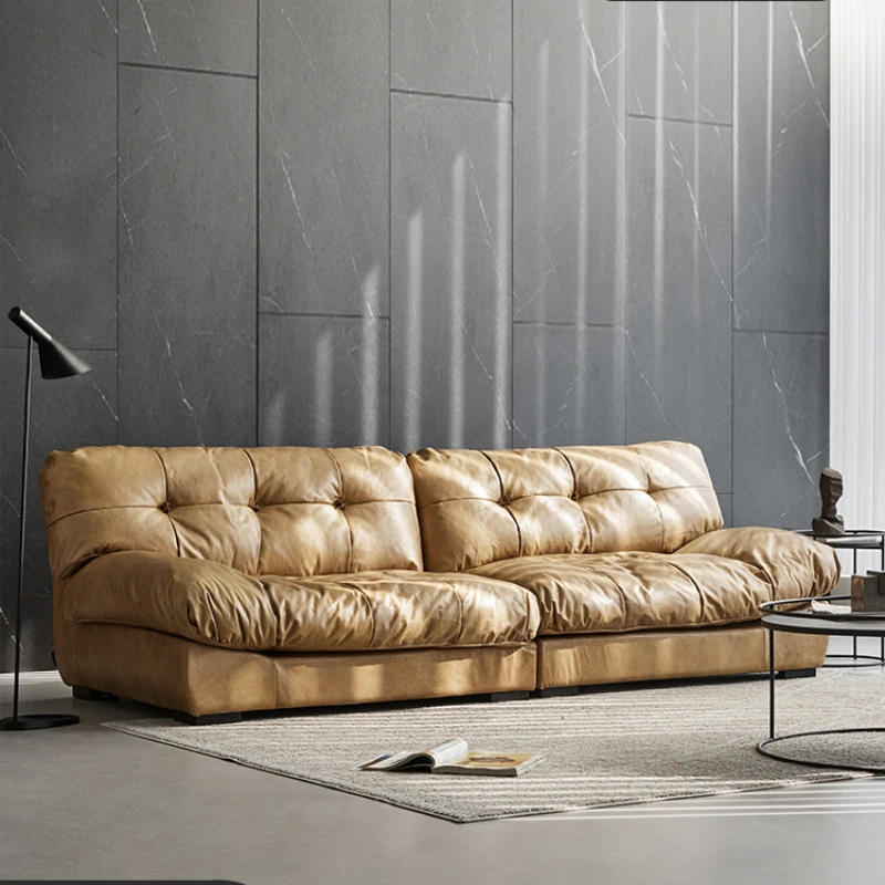 Leather sofa, cloud sofa, living room, small apartment, modern and simple, net celebrity first-layer cowhide three-person