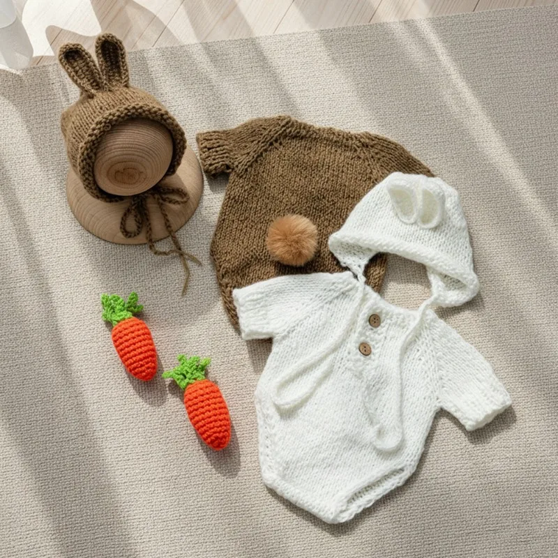 Newborn Photography Props 3pcs Mohair Rabbit Hat Romper Carrot Set Baby Photo Shoot Outfits Infant Studio Accessories