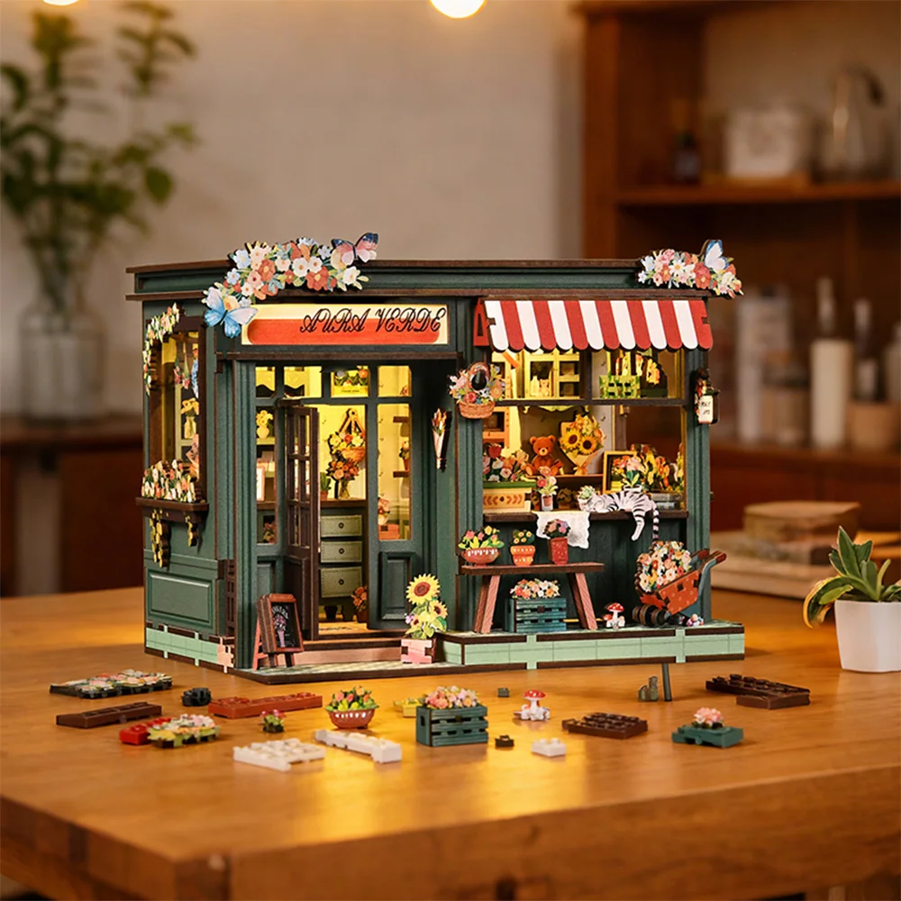

DIY Miniature Dollhouse Kit, Aura Verde Flower Shop Wooden Model Building Set, 3D Puzzle Craft Kit, Creative Home Decor Gift