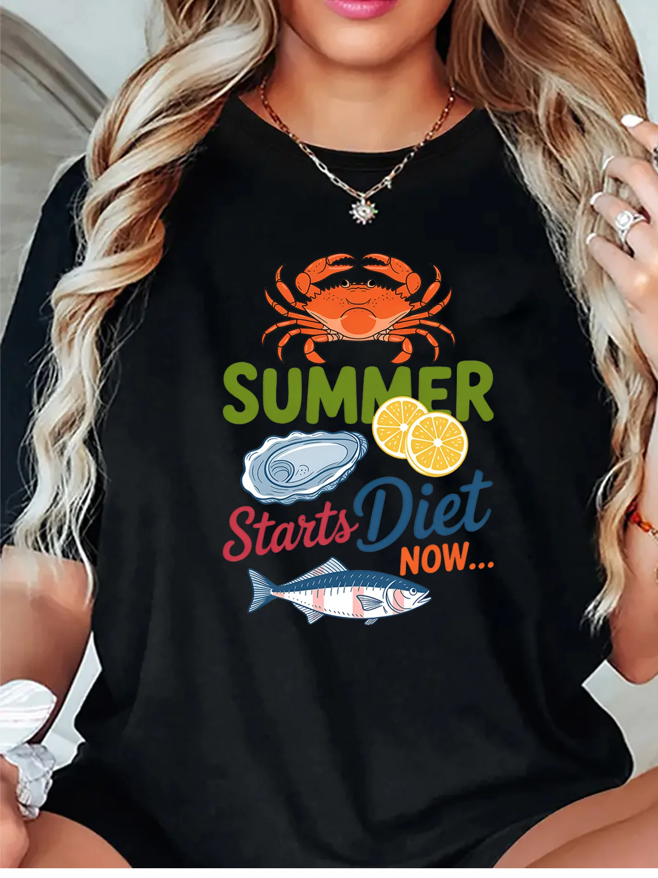 Summer Diet Starts Now Seafood Crab Graphic Womens T Shirt Short Sleeve Crew Neck Funny Holiday Casual Daily Ladies Tee Tops