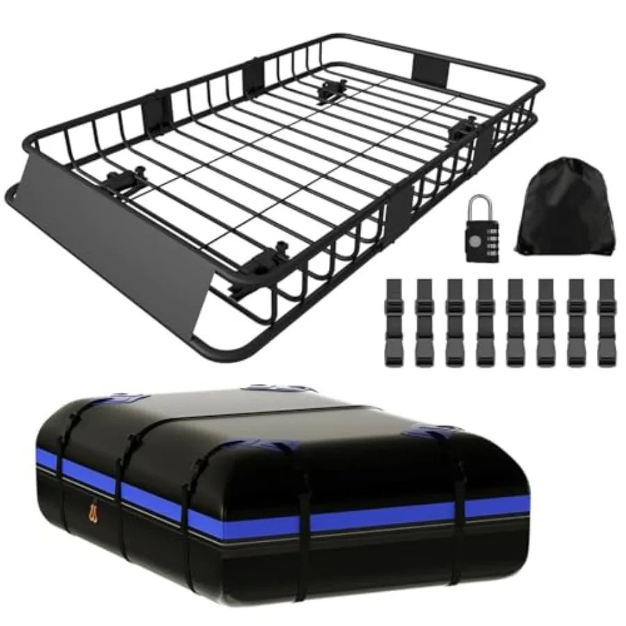 250LBS Universal Roof Rack Basket 64x39x6 Rooftop Cargo Carrier with Waterproof Cargo Bag 15 Cubic Feet 43x34x17 Black Heavy Du