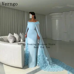 Verngo Light Blue Tulle Evening Dress 3D Flowers Mermaid Arabic Prom Gowns Elegant Formal Party Dress Customized