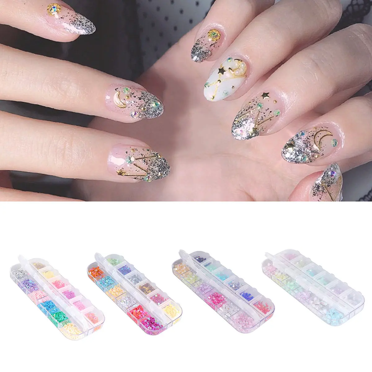 1 Box Colorful Star Nail Stickers Five-Pointed Shape DIY Art Decor 12 Slots Glitter Sequins for Holiday Party Women