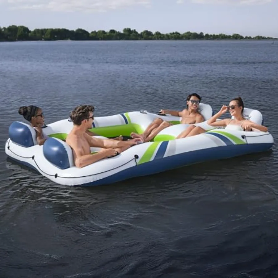 Lake float for 4 adults, PVC material, blue and white, ultra-stable with cup holders and Clasp N Go buckles