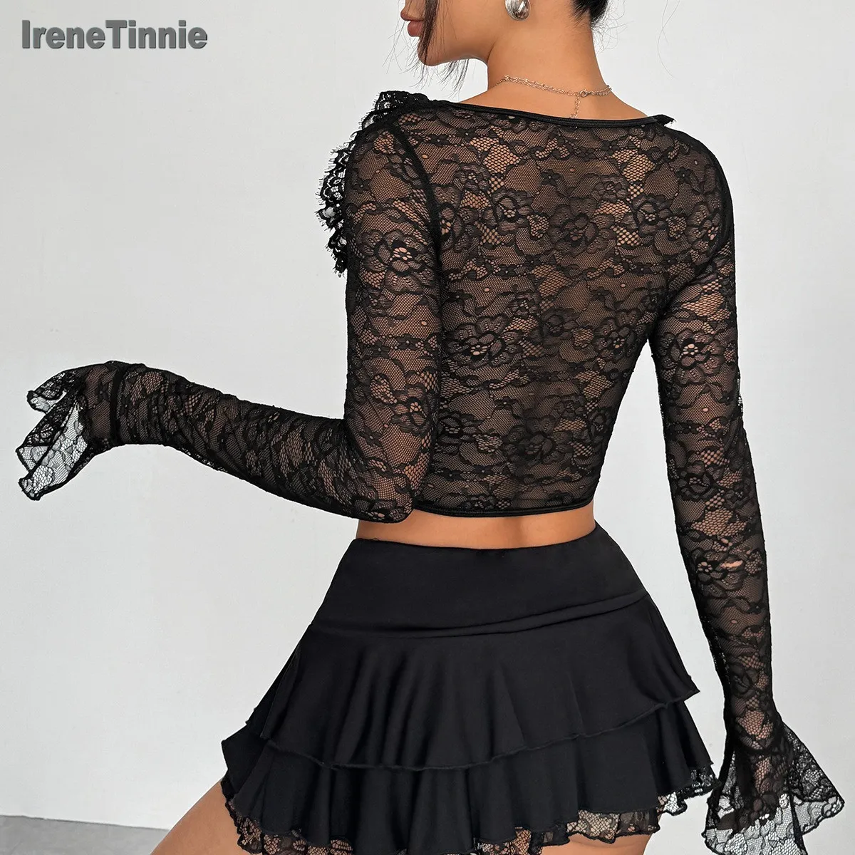 IRENE TINNIE Ruffled Lace Corset Top - Slim Long Sleeve Shirt