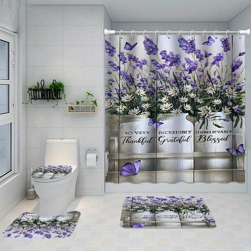 Complete Waterproof Bathroom Set: Shower Curtain with 12 Hooks, Non-Slip Rug, Toilet Lid Cover & Mat - Stylish Polyester Fabric,
