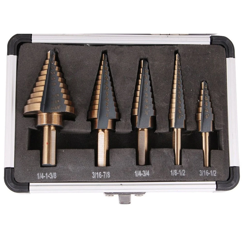 5pcs Steel Drill Bit Set Titanium Coated Cobalt Hole Self Starting No Pilot Hole Cone Ladder Drill Bits