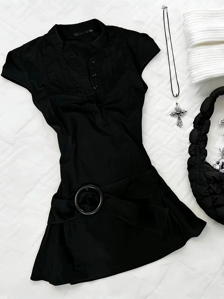 Vintage Style Black Slim Fit Party Dress Women New Summer Elegant Waist Cinching Short Dress Chic Short Sleeve Belt Outfits Y2k