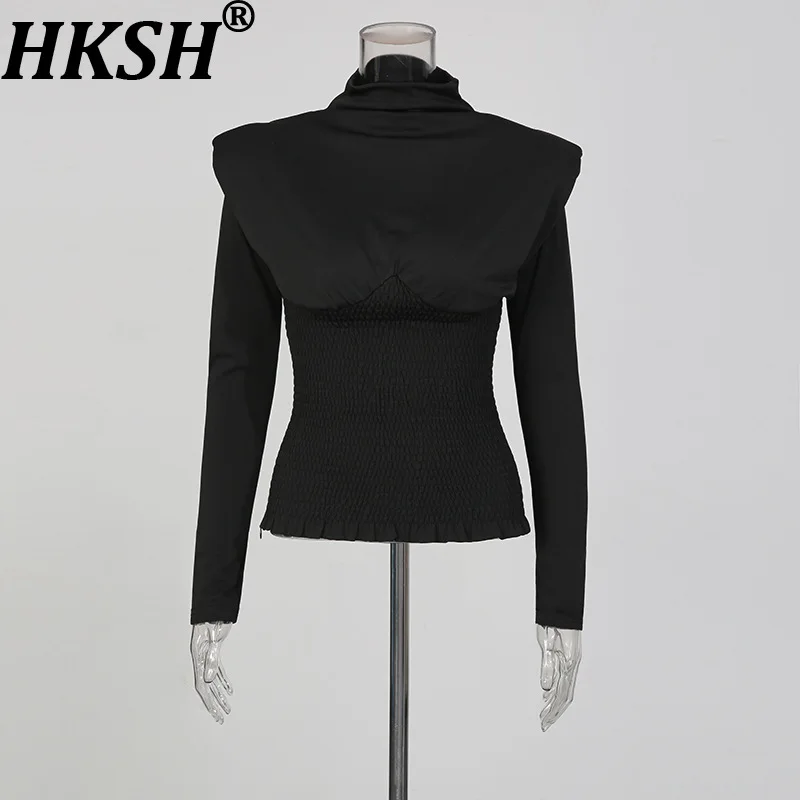 

HKSH Spring Autumn New Women Tops Dark Solid Color Long Sleeves Waist Cinching Slim Fit Streetwear Elegant High-end Tees HK17804