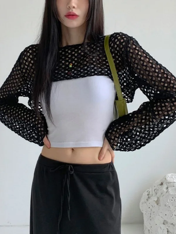Hollow out Long Sleeve Hooded Sunscreen Cover Shirt Women's Fashionable Lightweight Composite Fabric Ultra Short Length UPF30+