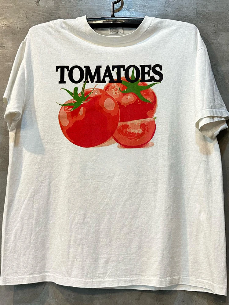 

Summer Tomato Graffiti Print Short Sleeve American Cityboy Heavy Cotton Retro Street Lazy Wind Cec Men and Women T-shirt