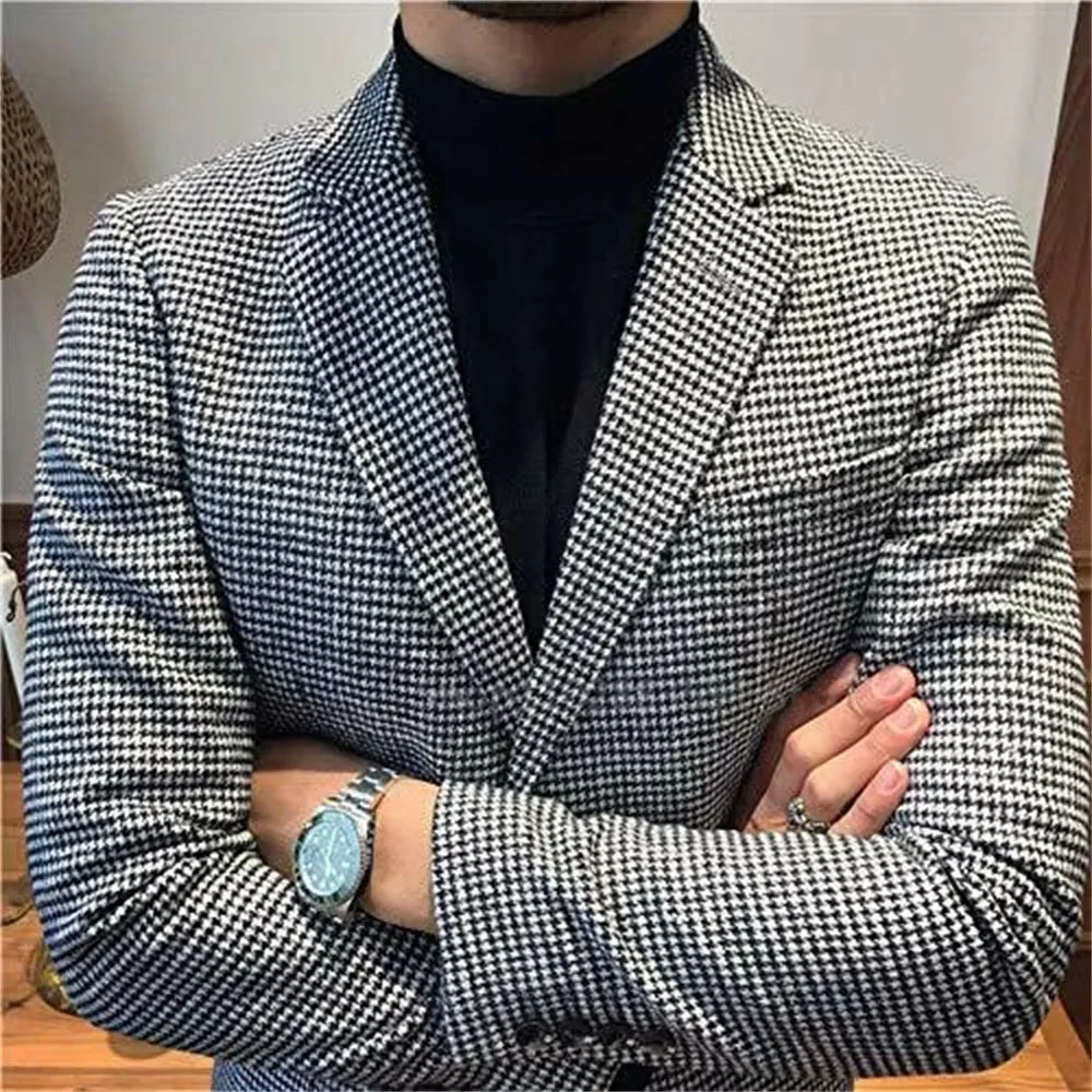

NEW British Style Slim Fit Houndstooth Blazer For Men Fashion Single Breasted Business Office Wedding Dress Suit Jacket
