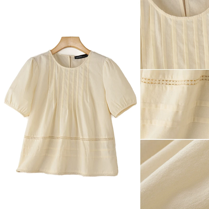 

ZANZEA Women Summer Cotton Linen Pintuck Blouses O-Neck Short Puff Sleeve Lace Patchwork Tops Casual Solid Color Blusas de Mujer