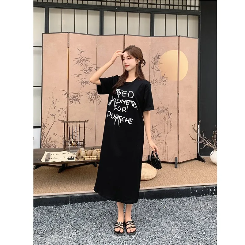 2024 New Arrival Summer Women Casual Loose Letter Print O-neck Short Sleeve Bow Patchwork Mid-calf Korean Style Dresses V983