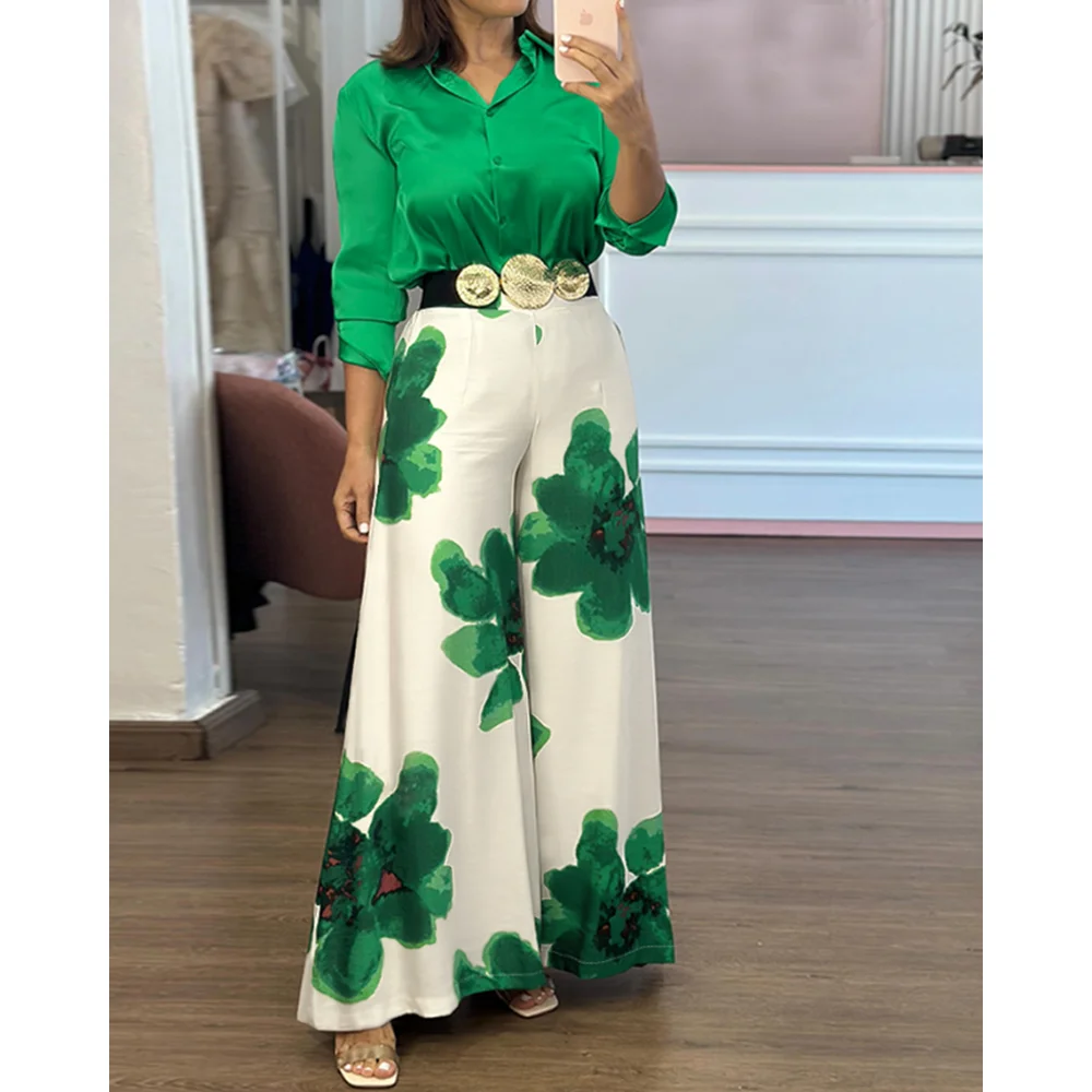 

Elegant Two Pieces Women Pants With Floral Print Set Long Sleeve Satin Blouse and Casual Floral Print High Waist Wide Leg Pants