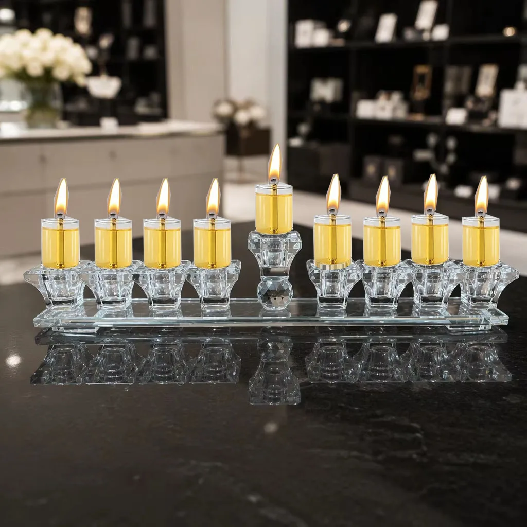 Crystal Glass Hanukkah Menorah Modern Oil and Candle Menorah for Chanukah Jewish Hanukkah Replica Candelabra Candleholder Stand
