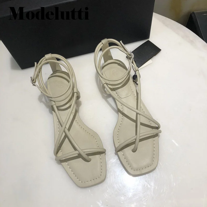 Spring 2023 New Summer Fashion Genuine Leather Thin Belt Straps Flat Sandals Women Solid Simple Casual Shoes Female