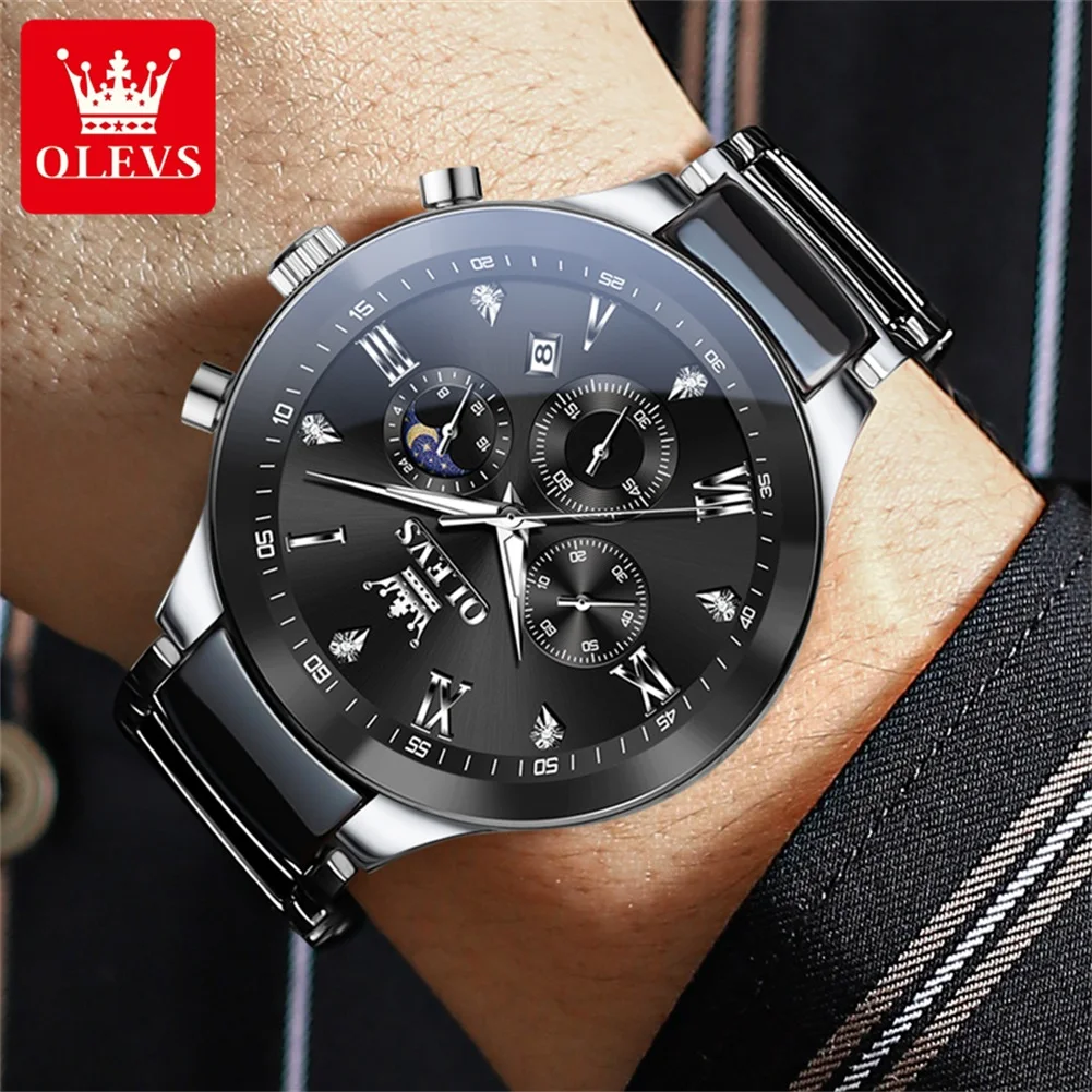 OLEVS Men\'s Watches Classic Fashion Design Original Wristwatch for Man Chronograph Ceramic Strap Waterproof Luminous Moon Phase