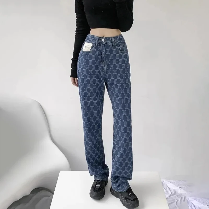 Vintage Blue Letter Embroidery Y2k Baggy Jeans Women American Style Streetwear Denim Trouser High Waist Jacquard Pattern Pants