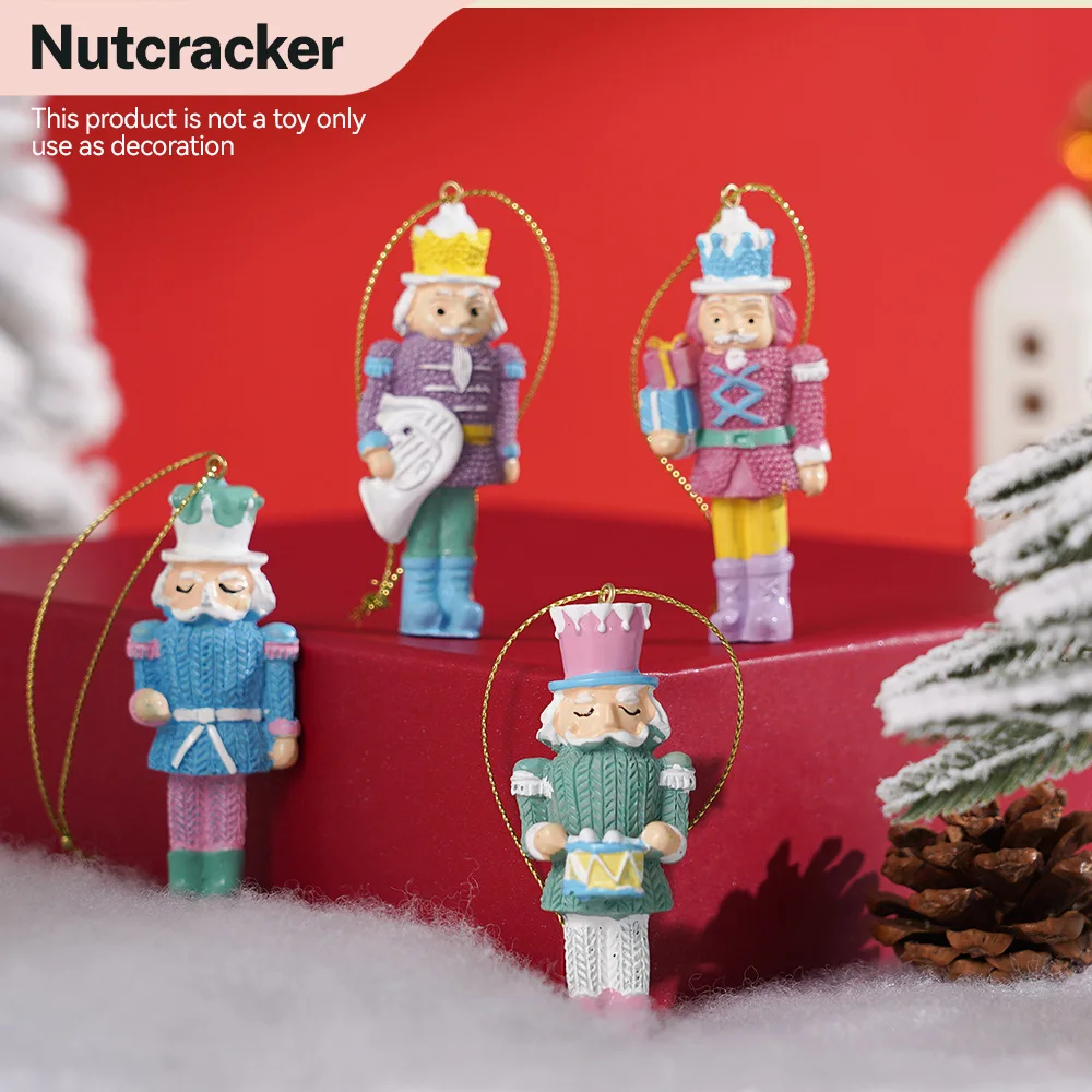 4Pcs 8CM Candy Colorful Miniature Christmas Tree Pendant Nutcracker Soldier Hanging Ornament Wooden  Puppet Gift Decorations