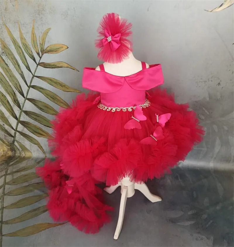 Red Puffy Ball Gown Baby Girl Dresses Off the Shoulder Kids Birthday Dress Tulle Big Bow Girls Christmas Gown Size 1-14Y