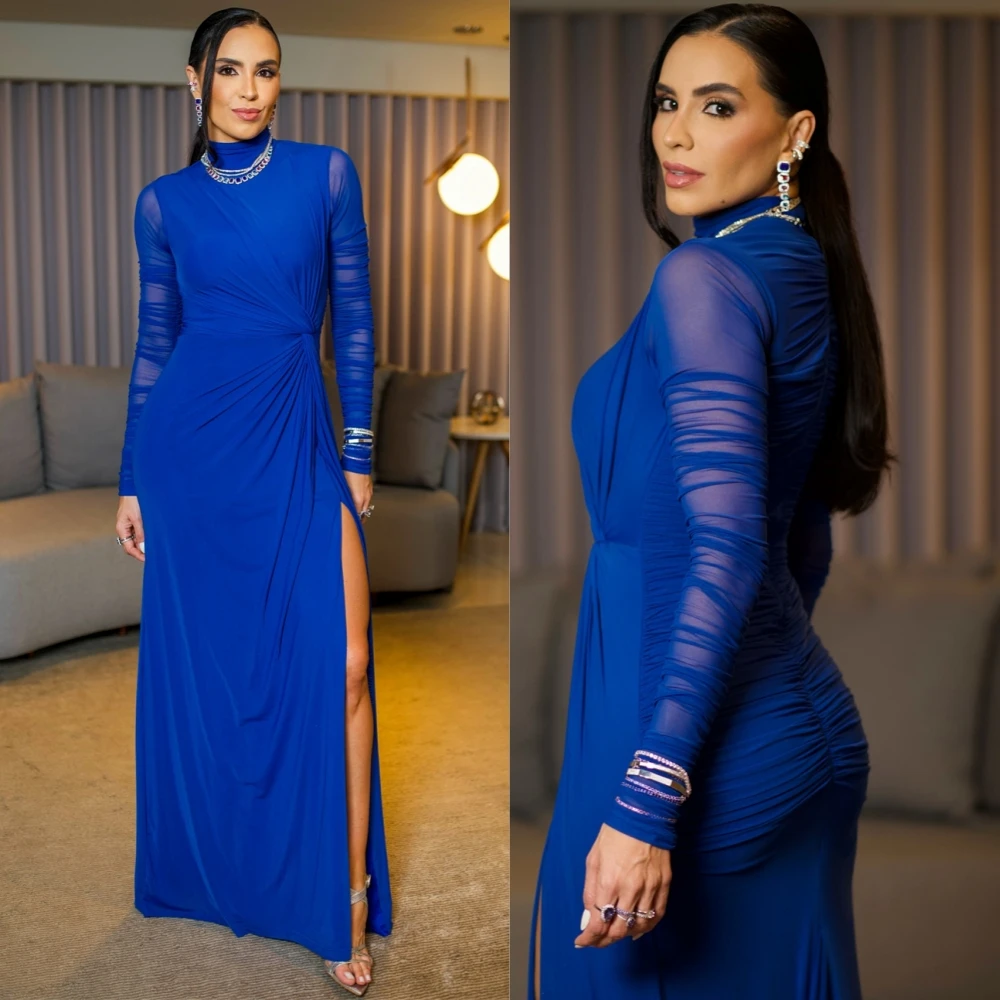 

Customized Simple Chiffon High Collar Evening Dress Sexy Side Slit Prom Dresses Temperament Long Sleeves Special Occasion Gowns