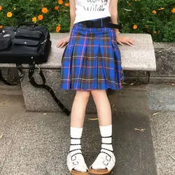 Korean Fashion Harajuku Style Summer Vintage Blue Plaid Pleated Skirts for Women High Waisted A-line Y2k Girls Knee-length Skirt