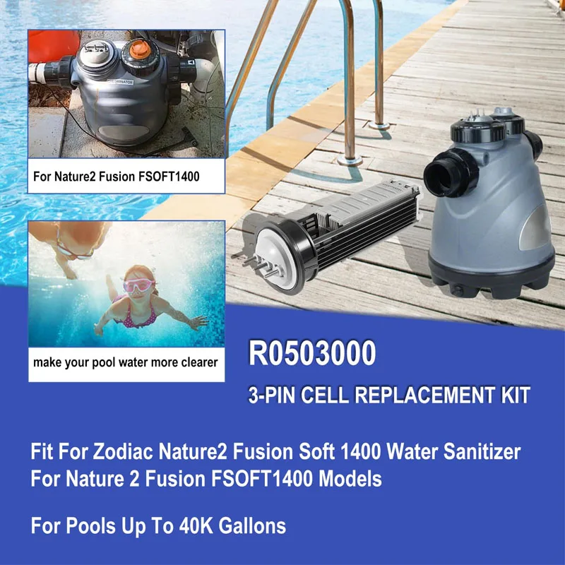 R0503000 Electrolytic Cell with O-Ring Fit for Zodiac Jandy Nature2 Fusion FSOFT1400 Models, for Pool Up to 40,000 Gallons