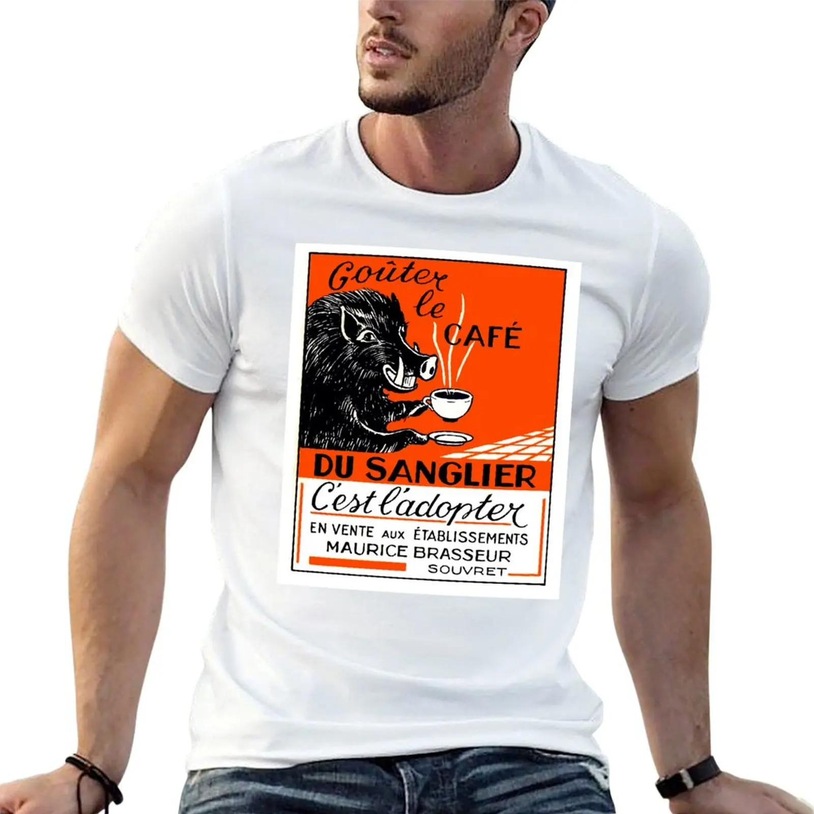 Antique Belgian Coffee Boar Advertising Poster T-Shirt blue archive topping Men's t-shirt