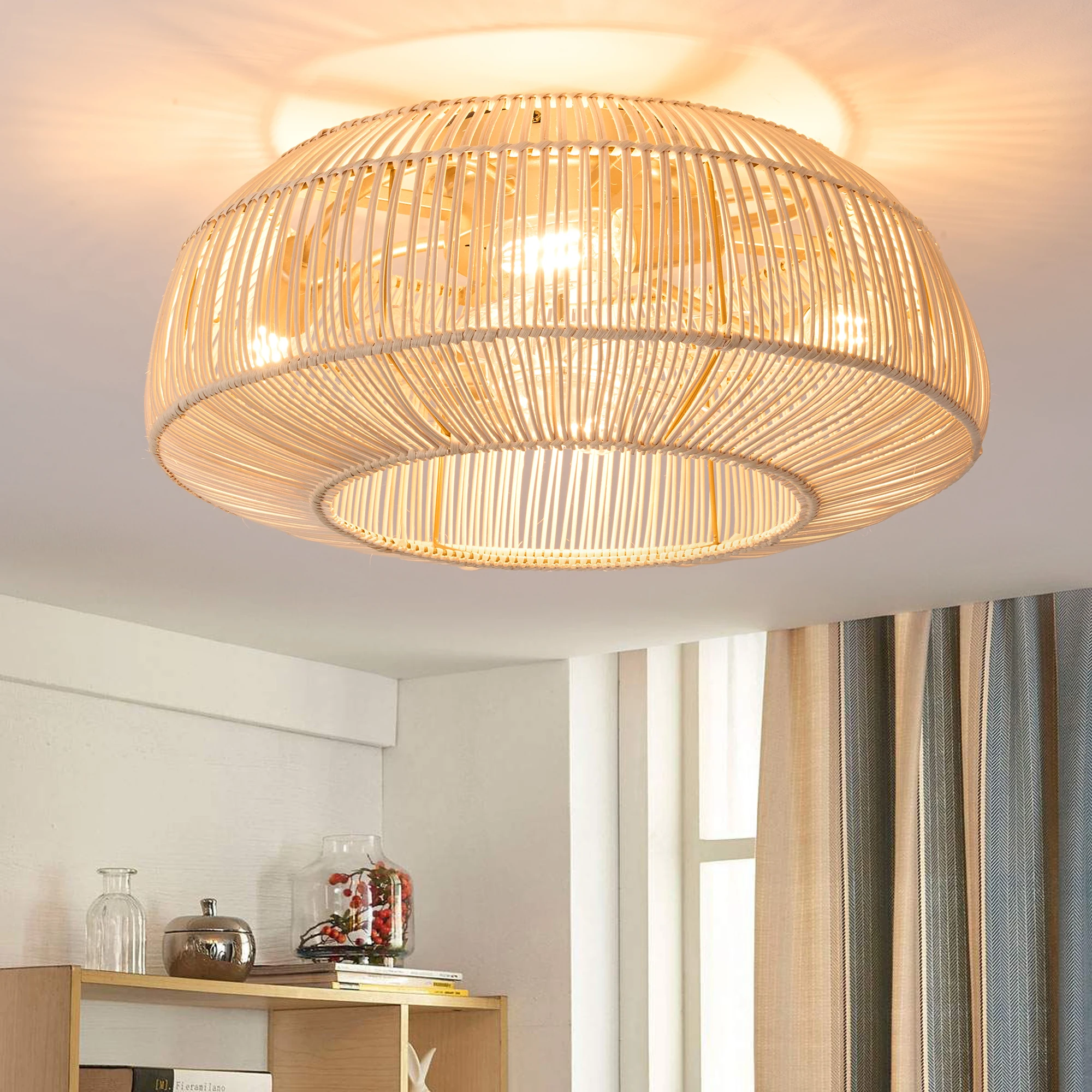 Nordic Fan Ceiling Light For Bedroom Vintage Rattan Fan Lamp Home Decor Boho Rustic Ceiling Lighting With Remote Controller