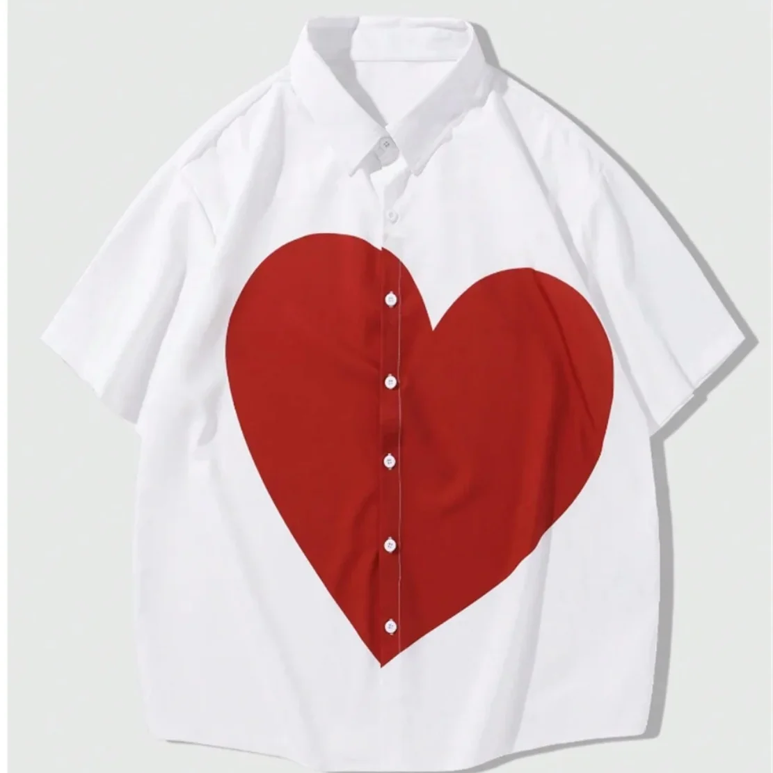 

New men's Hawaiian short-sleeved shirt, with a lapel and love buttons, with prints, suitable for beach trips and casual wear, ex