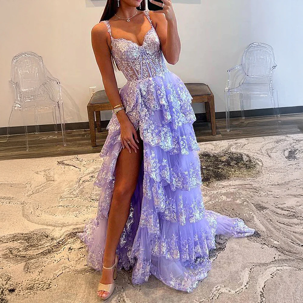 

Sparkly Evening Gown Beach Sequin Tiered Prom Dress Spaghetti Strap Pleats Appliques Evening Dress with Side Slit Customized