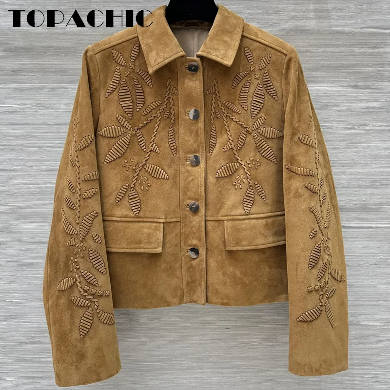 9.9 TOPACHIC-Women Vintage Lapel Genuine Leather Embroidered Jacket Suede Sheepskin Straight All-match Long Sleeve Casual Coat