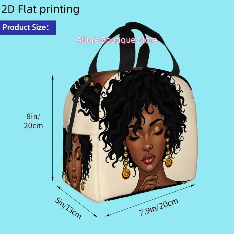 2D Flat Printing, 1pc, Elegant Woman with Curly Hair and Golden Earrings. Printed Insulated Cooler Bag - Reusable Portable Hot/C