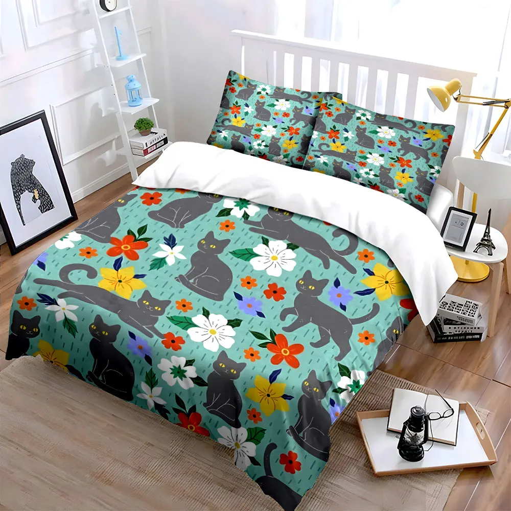 Gray Cats and Colorful Flowers Pattern Bedding Set 1 Duvet Cover 2 Pillowcases for Adult and Children Luxury Gift Full Size