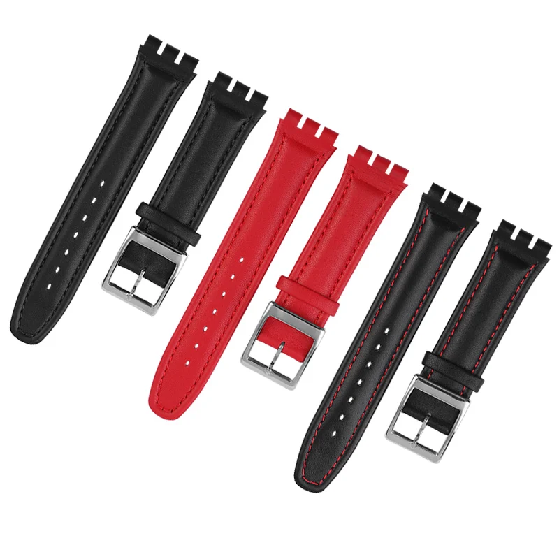 Swatch tali kulit asli pria dan wanita, alat pengganti tali gelang kulit sapi 17mm 19mm mulut angkat khusus coklat