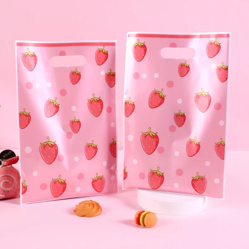 10/20/50 Stück Erdbeer-Geschenktüten aus Kunststoff, Süßigkeitentüten mit Griffen, Mehrzweck-Geschenkverpackungszubehör für Geburtstagsparty-Geschenke