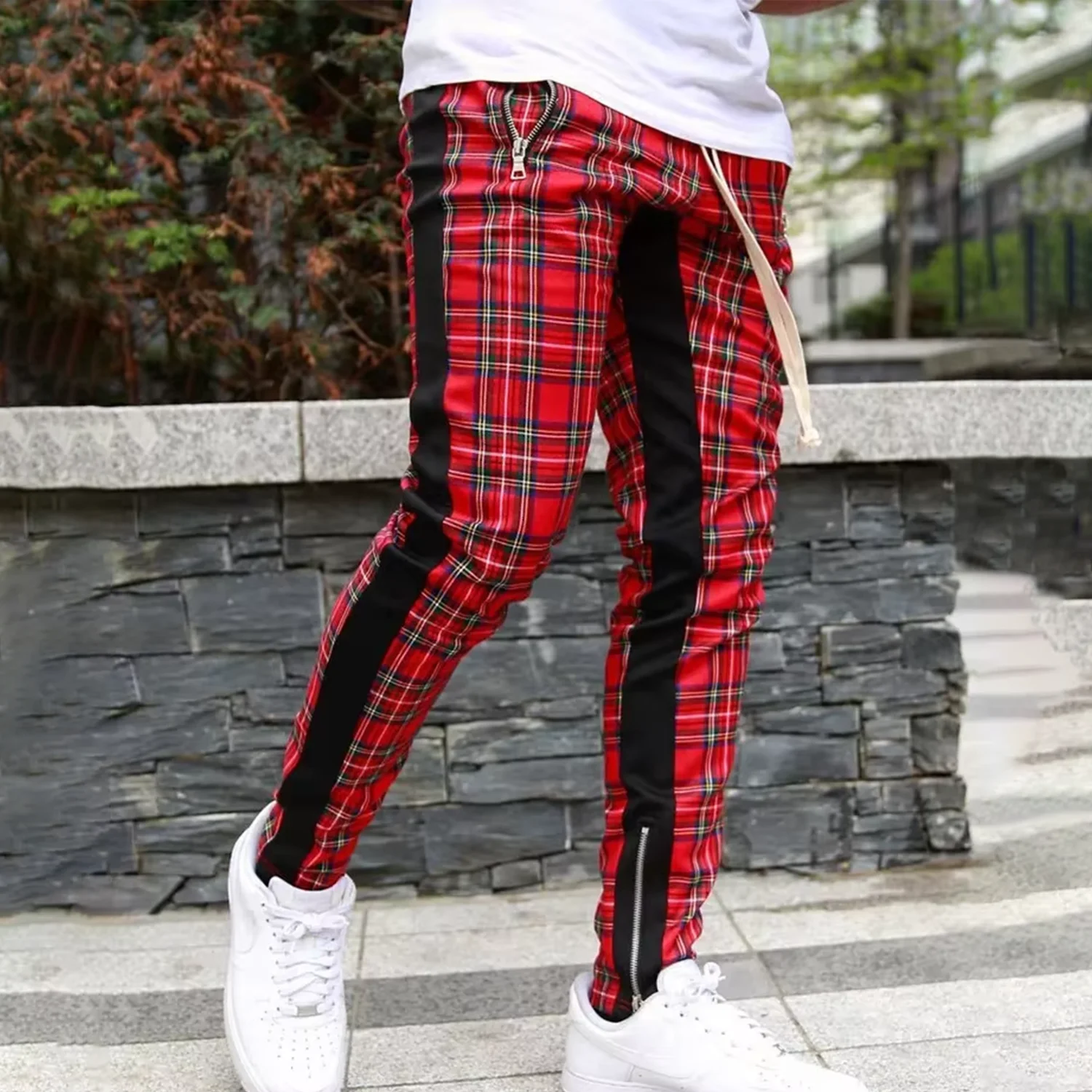 Men Streetwear Rebel Plaid Pants Zipper Pocket Hip Hop Punk Tartan Joggers Skater Alt Edgy Ankle Zip Patchwork Slim Fit Trousers