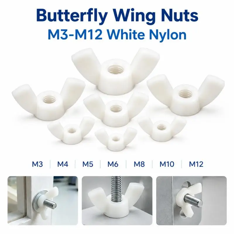 M3 M4 M5 M6 M8 M10 M12  White Plastic Butterfly Wing Nut Nylon Hand Tighten Cap Nut Ingot Fastener Kit