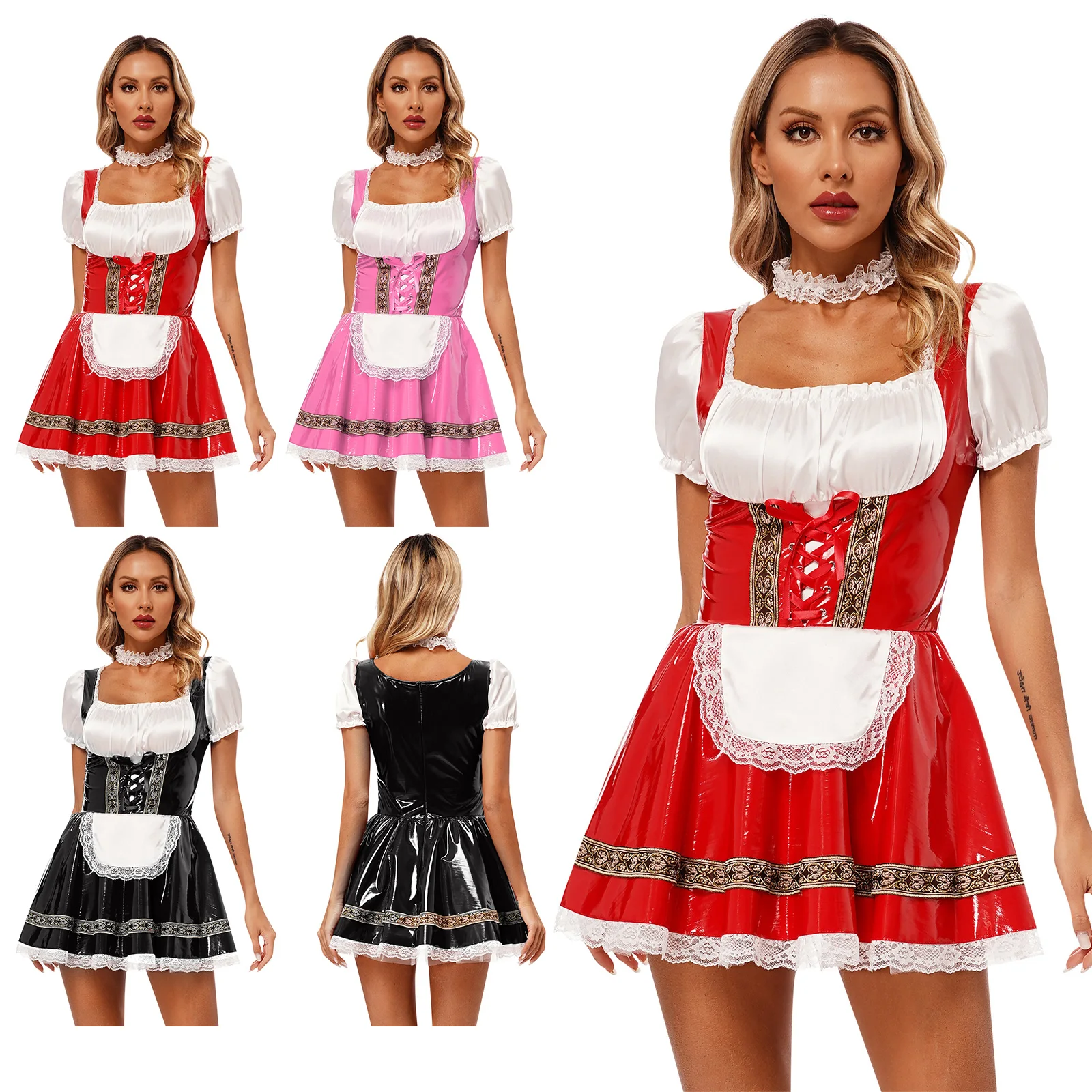 Womens Sexy Maid Costume German Bavarian Oktoberfest Beer Cosplay Dress Glossy PU Leather Lace Trim A-Line Dress with Choker